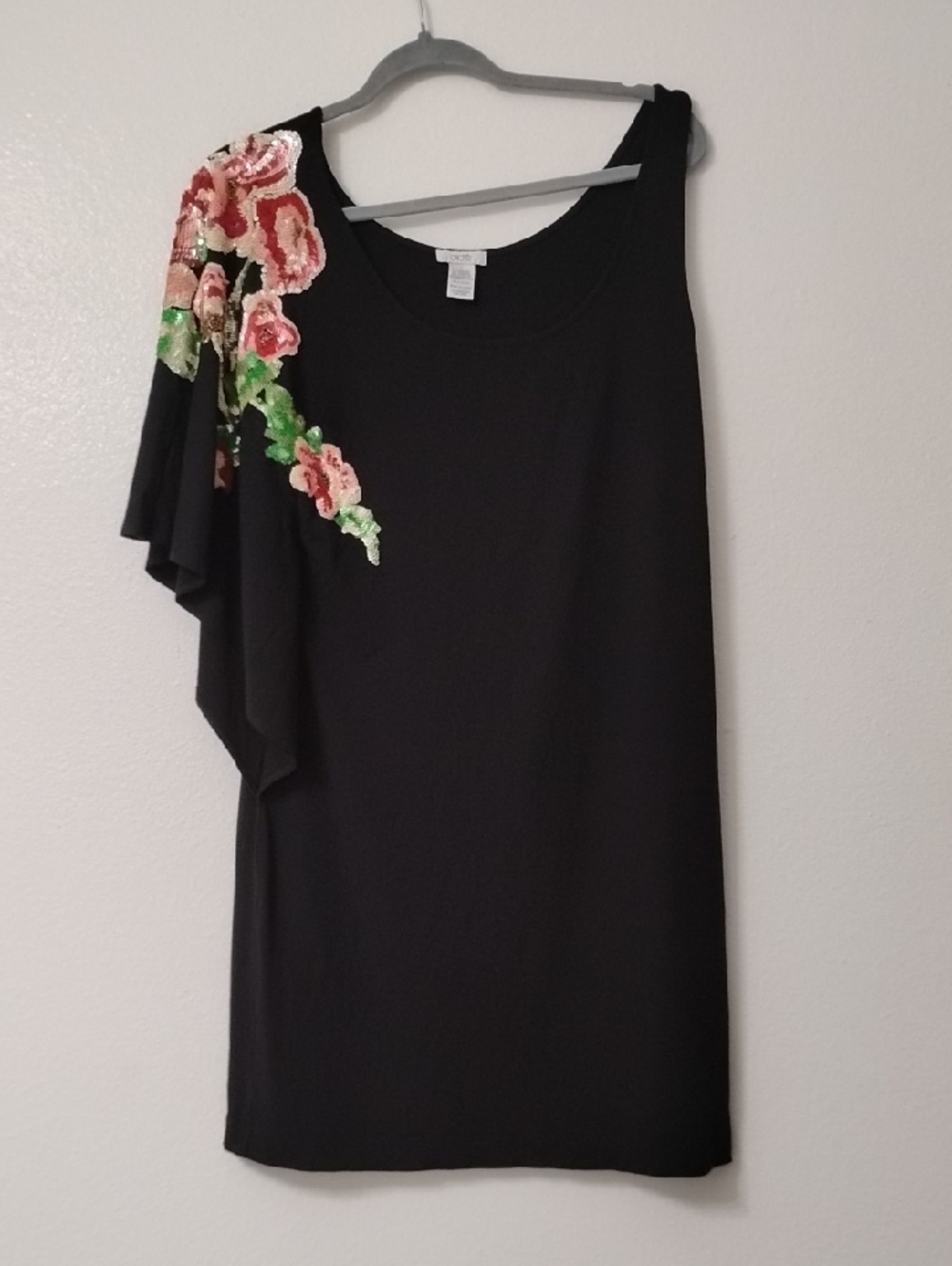 Black One-Shoulder Dress with Pink & Green Sequin Floral Applique